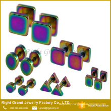 Stainless Steel Rainbow Titanium Anodized Square Triangle Round Fake Plug Tunnels Ear Gauges